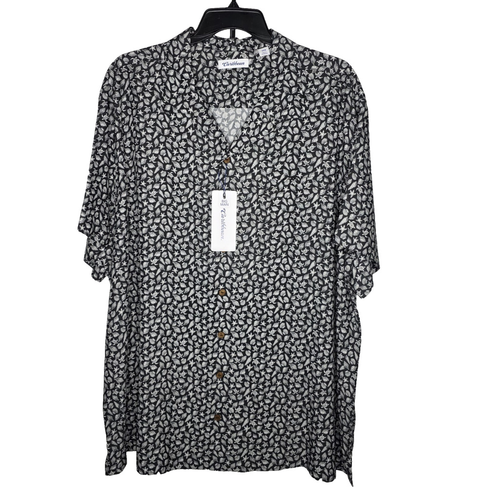 Caribbean Joe Mens 3XB Hawaiian Button Shirt Black White Shells Big Man NWT